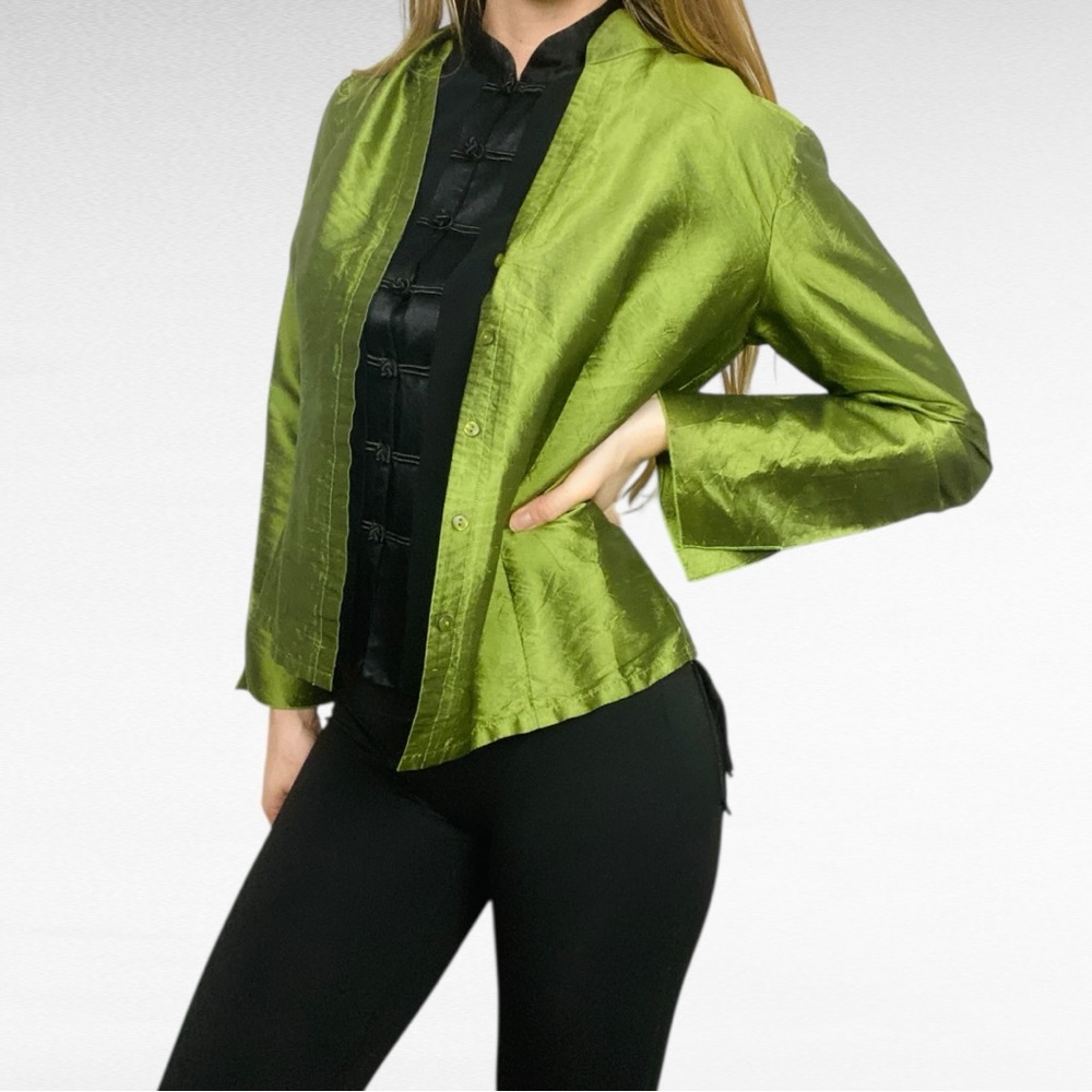 VINTAGE | S.L.B. | Chartreuse Green 100% Silk Shantung Mandarin Collar Shirt